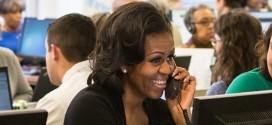 First Lady Michelle Obama FLOTUS on the Phone Telephone smiling Call Center Campaign Headquarters HQ Chicago