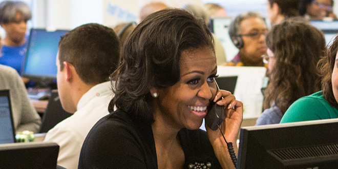 First Lady Michelle Obama FLOTUS on the Phone Telephone smiling Call Center Campaign Headquarters HQ Chicago