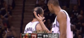 San Antonio Spurs power forward center Tim Duncan Cures Shooting Guard Manu Ginobili's Baldness bald spot hair Game 5 2013 NBA Finals Miama Heat