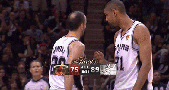 Tim Duncan's Hands Cure Baldness Manu Ginobili San Antonio Spurs Miama Heat NBA Finals Game 6 basketball funny gif flip hair over baldspot toupee