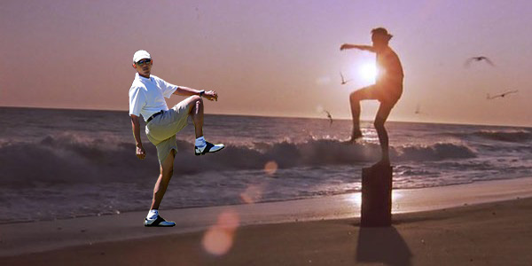 Obama Golf Photoshop Leg Lift Karate Kid Crane Kick Beach Daniel Daniel-san Ralph Macchio Martha's Vineyard