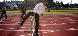 #DemocratOlympicEvents Twitter hashtag tweet Obama hurdling jumping over hurdle hurdles track and field running racing University of Oregon Hayward Field