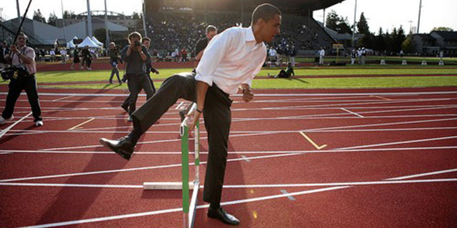 #DemocratOlympicEvents Twitter hashtag tweet Obama hurdling jumping over hurdle hurdles track and field running racing University of Oregon Hayward Field