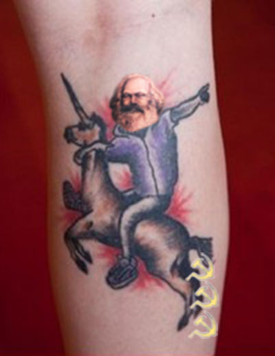 Tattoo of Karl Marx riding a magical unicorn that shits golden hammers and sickles