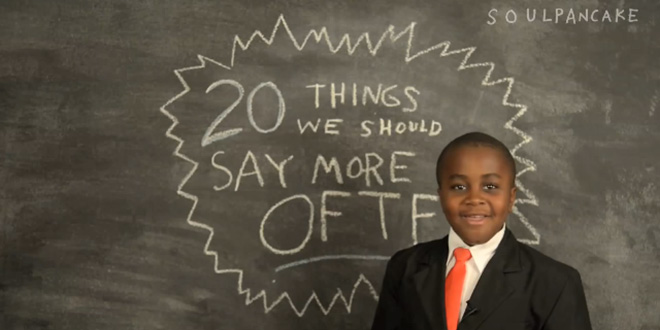 Kid President 20 Things We Should Say More Often YouTube SoulPancake Soul Pancake Happy Thanksgiving Day turkey corndog young Obama barbecue sauce shirt i don't know thank you something nice let's dance