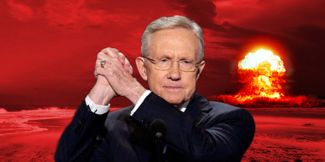 Senate Democrats Love Nuclear Option Now But Opposed It in 2005 Harry Reid leader Nevada nuclear explostion atomic bomb mushroom cloud background red Senate Senators Democratic hypocrites hypocritical November 21, 2013 Congress House Parliamentary Procedure Maneuver majority supermajority super-majority Republican filibuster filibusters appointments nominations nominees confirm confirmation hearing 60 votes cloture pass bill resolution legislation law act invoke