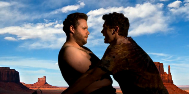 Seth Rogen and James Franco Make Hilarious Kanye West Parody called "Bound 3" Kim Kardashian lampoon "Bound 2" music video shot-for-shot remake film satire funny comedy awesome cool fun spoof watch recreate star in replaced by snuggle homoerotic gay odd strange weird quirky hug straddle mount motorcycle shirtless hairy back hair kiss
