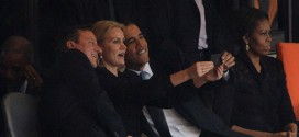 Obama self selfies President Barack Prime Minister David Cameron United Kingdom UK British Great Britain Helle Thorning-Schmidt Denmark Danish PM Nelson Mandela memorial service photoshop funeral Johannesburg South Africa African former Michelle First Lady wife self taking picture photograph pic themselves smiling snapping posing camera phone smartphone iphone narcissist narcissism death stadium world leaders media