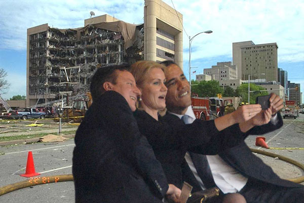 Obama self selfies President Barack Prime Minister David Cameron United Kingdom UK British Great Britain Helle Thorning-Schmidt Denmark Danish PM Nelson Mandela memorial service photoshop funeral Johannesburg South Africa African former Michelle First Lady wife self taking picture photograph pic themselves smiling snapping posing camera phone smartphone iphone narcissist narcissism death stadium world leaders media Oklahoma City Bombing Alfred P. Murrah federal building Timothy McVeigh Terry Nichols April 19, 1995 explosives bomb terrorist bombing attack Ryder van rental truck moving explosive C4 downtown blew up blow up damage destroy destroyed destruction FEMA