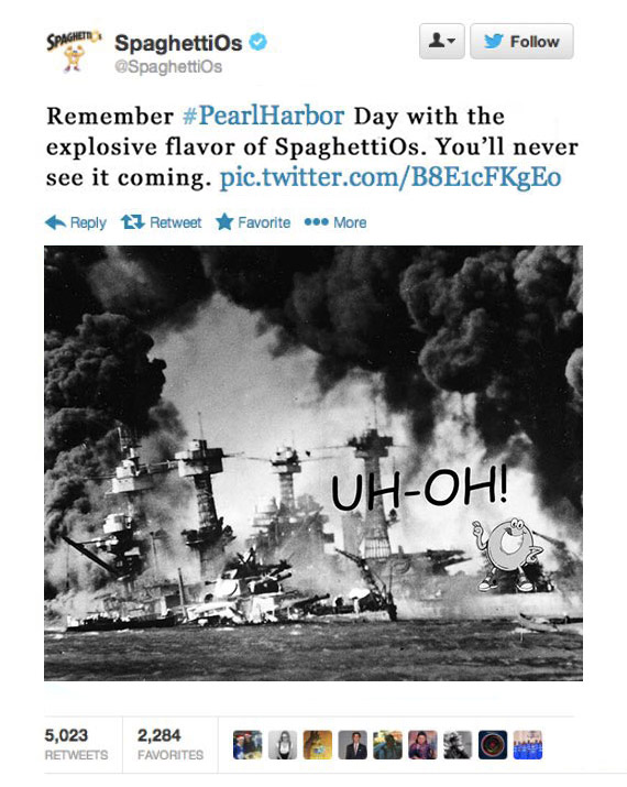 SpaghettiOs Pearl Harbor Tweet explosion explosive flavor you'll never see it coming extinguish extinguishing ships on fire burning sinking December 7, 2013 1941 Twitter tweet Campbell Soup Company Campbell's offensive tasteless dubious bad taste poor public outcry people upset furious enraged outrage apologizes apology pulls brand Internet