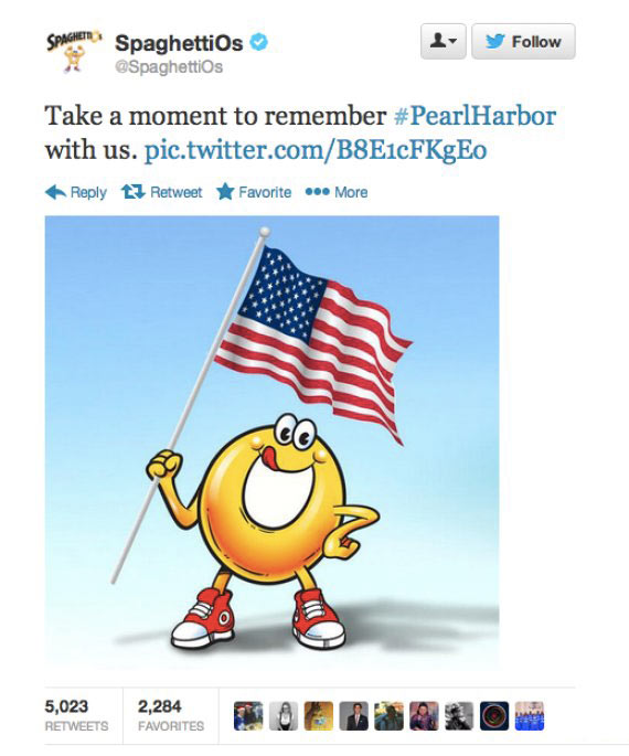 Spaghettios Pearl Harbor Tweet December 7, 2013 Twitter tweets tasteless pic Campbell Soup Company Campbell's offensive dubious bad taste poor public outcry people upset furious enraged outrage apologizes apology pulls brand Internet