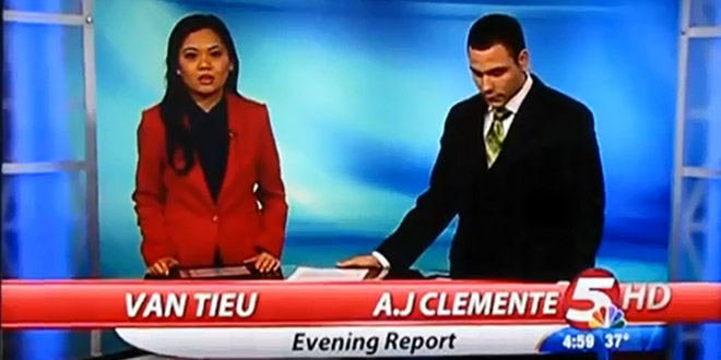 A.J. Clemente News Blooper 2013 on-air cursing curse cuss foul language fucking shit mistake nervous nerves KFYR-TV Bismarck North Dakota TV station Van Tieu