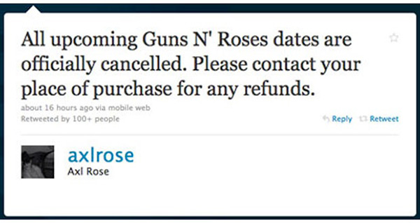 Axl Rose Guns N' Roses Twitter Hack Tour Dates Cancelled