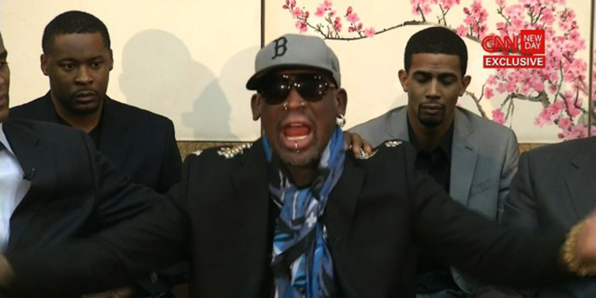 Dennis Rodman crazy strange bizarre fiery screams melts down complete meltdown loses it his mind goes wild North Korea exclusive interview CNN Chris Cuomo New Day Kim Jong Un Jong-un Communist dictator basketball game former NBA players friends Kenneth Bae held captive prisoner citizen detained labor camp Loses What's Left of His Ever Loving Mind