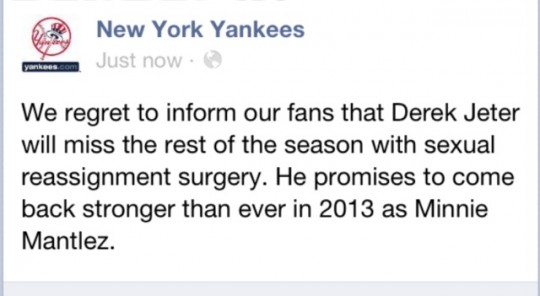 New York Yankees Facebook Hack Derek Jeter Sexual Reassignment Minnie Mantlez