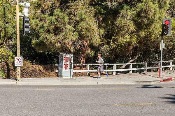 Obama Sub Par Posters Near PGA Tourney Sidewalk with Jogger Pacific Palisades, CA California Santa Monica Los Angeles 2014 Northern Trust Open rightwing art artwork sabo guerilla political speech protest conservative free speech freedom