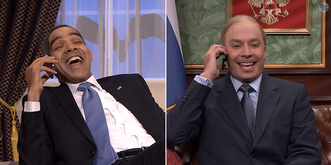 Jimmy Fallon skit sketch mocks President Obama and Russian President Vlad Vladimir Putin phone call between leaders on regarding tense situation unfolding in Ukraine hilarious very funny humorous humor hysterical lol satire parody mockery fake mock negotiations peace invasion invade Crimea Obamacare cover burns ouch Yakov Smirnoff Senator John McCain insane in the membrane got no brain "Let It Go" hit song from Disney Frozen by Idina Menzel Demi Lovato the Cold War never bothered me anyway The Tonight Show Starring Jimmy Fallon NBC nbc.com iPhone game app Candy Crush drinking beer vodka no progress was made