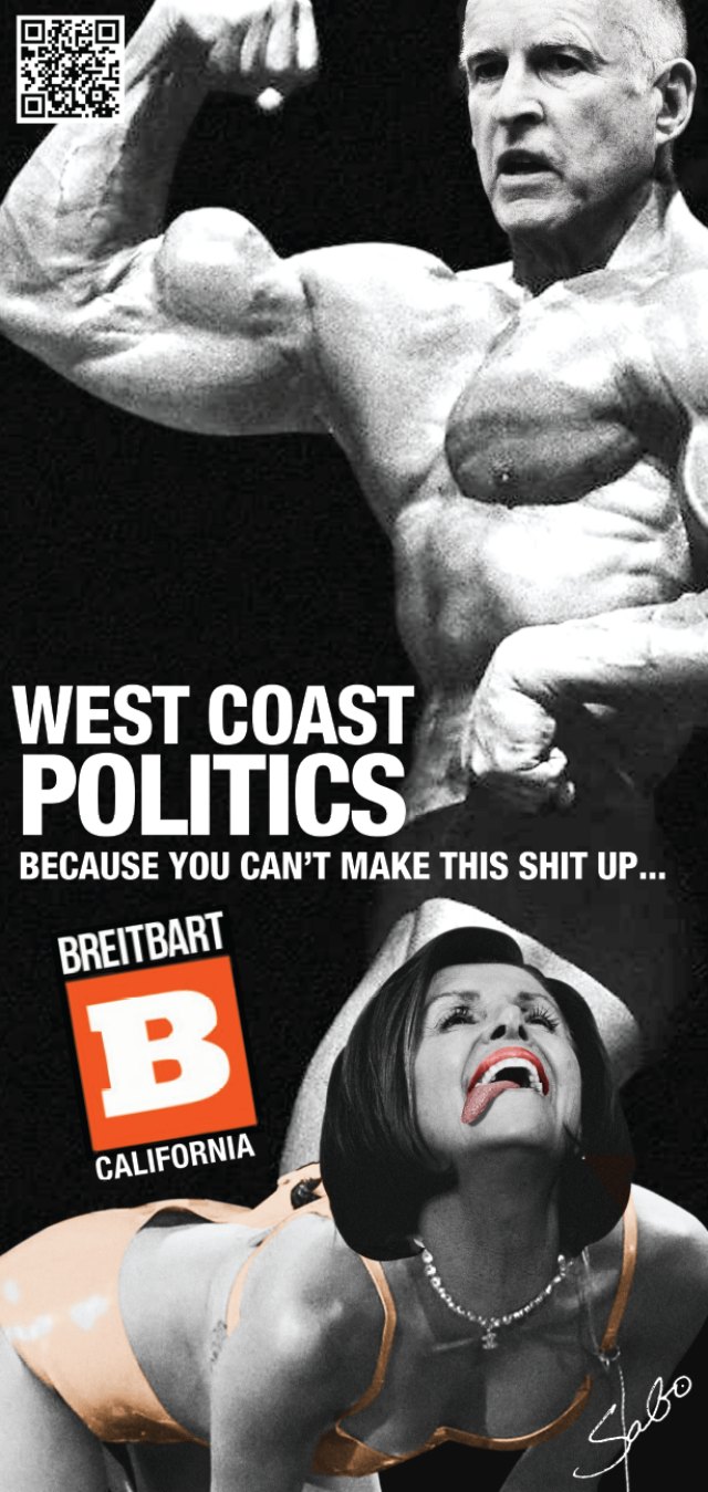 Breitbart California Poster Jerry Brown and Nancy Pelosi as Arnold Schwarzenegger and Miley Cyrus