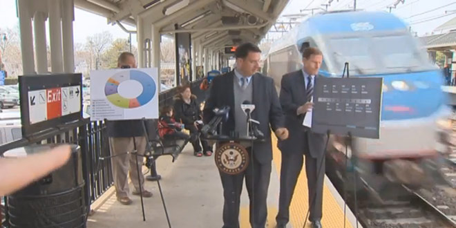 Senator Richard Blumenthal nearly hit by train Democrat struck killed hurt injured at news press conference on safety commuter irony ironic holds almost gets hit presser unexpected oncoming Milford Metro-North station Milford Mayor Ben Blake MTA line derail derailment "safety, as you know, is paramount"