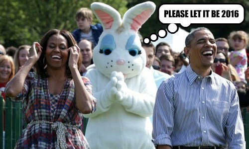 White House Easter Egg Roll 2014 Easter Meme Memes Easter Bunny President Obama "Please Let It Be 2016" First Lady Michelle Obama Obamas First Couple Barack laughing laugh laughed funny hilarious humorous hysterical think thinks thinking thought bubble pray prays praying prayed hands paws smile smiling smiles smiled happy happiness having fun