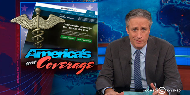 Jon Stewart The Daily Show mocks Obamacare is Not Buying the Obamacare Enrollment Numbers 7.1 million Americans have health insurance plans health care providers private public exchange exchanges marketplace sign-ups signed up Affordable Care Act ACA March 31st deadline fake false does not believe making fun of made phony falsified pay paid payment mandate America's Got Coverage Comedy Central bit piece segment story video clip funny hilarious humorous witty satirical skeptical skeptic