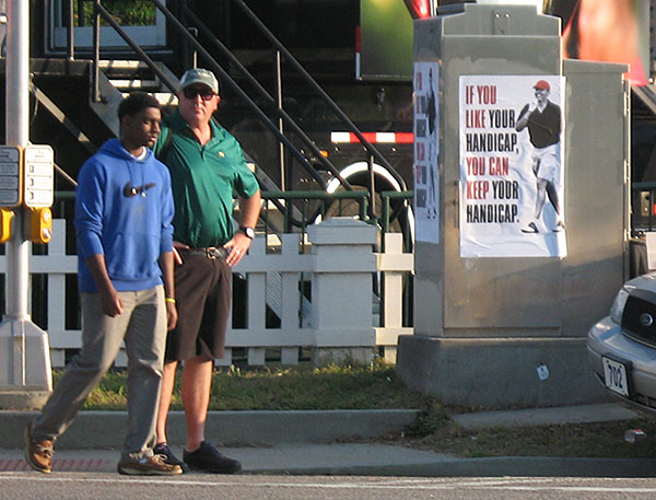 Obama Sub Par Posters Subpar The Masters Tournament PGA golf Augusta, GA Georgia tourney signs Breitbart political street art subversive controversial satire satirical mock mocking mockery country club front main entrance electrical signal boxes benches intersections sign lawn lawns “If you like your handicap, you can keep your handicap” April 11, 2014 American Thinker Imgur