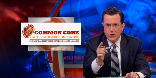 Stephen Colbert Common Core Confusion The Colbert Report uniform education standards state initiative standard across all 50 states nationwide curriculum hilariously mock mocking mocks mocked funny makes fun of poke fun satire satirical wry testing test tests scores grades failing school children students parents teachers Core-aligned math problems skills Comedy Central college career preparing