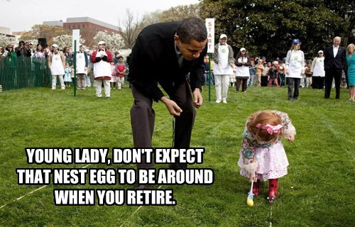 White House Easter Egg Roll 2014 Easter Memes President Obama "Young lady, don't expect that nest egg to be around when you retire." lawn grass children kids fun spoon push children's help helping little girl