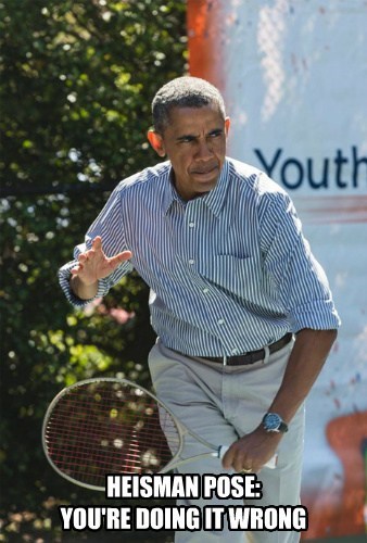 White House Easter Egg Roll 2014 Easter Memes President Obama "Heisman Pose: You're doing it wrong" racquetball racket holding court playing sport sports exercise outside sunny weather lawn grass children kids fun competitiion competitor serious game