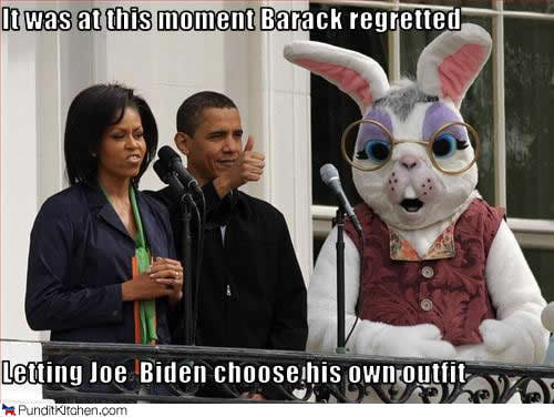 White House Easter Egg Roll 2014 Easter Memes Meme President Obama "It was at this momen Barack regretted letting Joe Biden choose his own outfit" Easter Bunny rabbit children kids fun balcony PunditKitchen.com PunditKitchen Pundit Kitchen