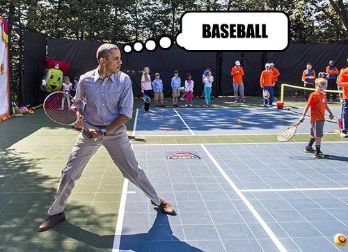 White House Easter Egg Roll 2014 Easter Meme Memes President Obama Baseball playing tennis racket racquetball Obamas Barack funny hilarious humorous hysterical think thinks thinking thought bubble having fun swing