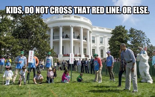 White House Easter Egg Roll 2014 Easter Meme Memes Easter Bunny President Obama "Kids, Do Not Cross That Red Line. Or Else." Obamas Barack funny hilarious humorous hysterical having fun children eggs race racing competition Syria grass south lawn lanes dividers
