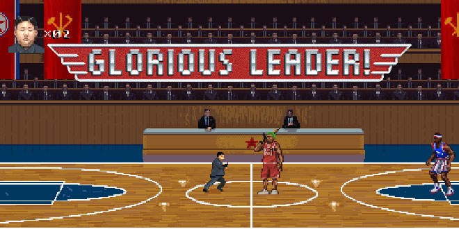 Kim Jong-Un Video Game ‘Glorious Leader!’ North Korea North Korean dictator retro Dennis Rodman 8-bit Moneyhorse Games lets you play as playing character gaming side-scrolling Contra action player cheesy fun starring star stars in takes on capitalists capitalist pigs United States of America USA US army armed forces troops military fight fights war shoot shoots shooting machine gun guns run runs running kill kills fire Statue of Liberty father pits enemy enemies funny comedic hilarious satirical satire fiery flaming unicorns basketball court The Democratic People's Republic of Korea boss level