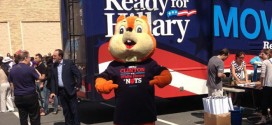 giant orange squirrel mascot suit man trolls Hillary Clinton book tour bus stop RNC intern Hard Choices chases trails tails dogs hounds follows GOP bumper stickers T-shirt “Another Clinton in the White House is nuts” Twitter account funny humorous hilarious awesome tweets tweeting tweeted "HRC Squirrel" @HRCSquirrel acorn fuzzy guy costume Justin Republican National Committee weapon combat media