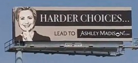 Harder Choices Lead to Ashley Madison billboard Hillary Clinton sign affairs married people secret secrets shush hush finger over her lips controversial dating website features featuring depicts depicting shows showing ultimate insult insulting ad advert signage traffic jams Chicago area FOX 32 News Harlem and Central image Hard Choices new book tour autobiography autobiographical memoir sales former First Lady New York Senator Secretary of State White House CEO Noel Biderman Sam Chapman sketch form 26 million members