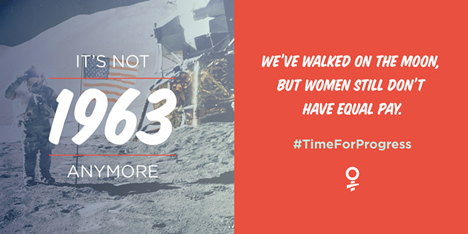 President Obama tweet tweets Twitter account post posts from on about women equal pay gets Year of the moon landing wrong incorrect not right #TimeForProgress It's Not 1963 Anymore We've Walked on the Moon, But Women Still Don't Have Equal Pay July 1969 graphic image pic picture orange Apollo 11 mission missions space race moonwalk Buzz Aldrin Neil Armstrong first men walk lunar surface rocks travel American flag astronaut astronauts US USA NASA salute module