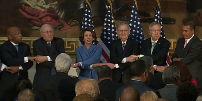 Parody Painful GOP and Dem Leaders Hold Hands and Sing Creep By Radiohead Congress Republicans Democrats Speaker Majority Minority Leader House of Representatives Senate Capitol John Boehner Sen. Harry Reid Mitch McConnell Carl Levin, Rep. Nancy Pelosi Marcia Fudge John Lewis