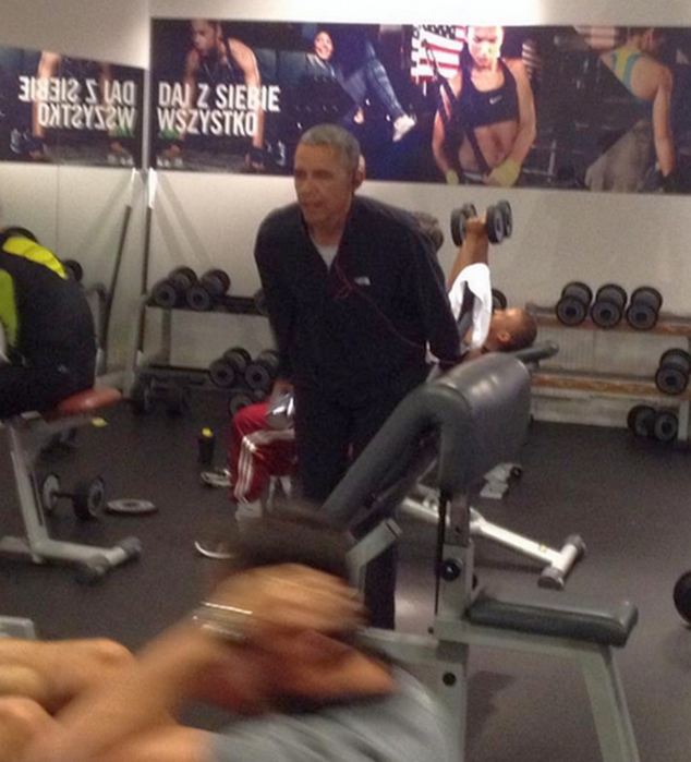 President Barack Obama Workout Video Pictures pics photos images Routine Polish gym Poland hidden camera Secretly Recorded photographed snaps snapped Warsaw Marriott private security breach unauthorized taken took leaked working out exercising lifting weights pumping iron girl girly man weak wimp weakling tabloid 5-pound 10-pound dumbbells shots