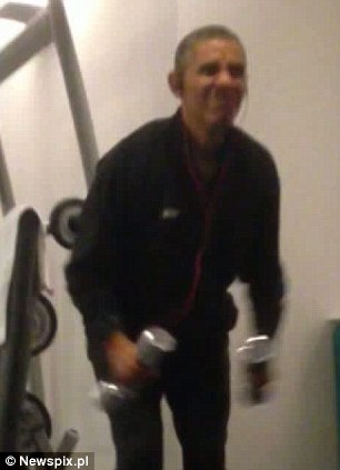 President Barack Obama Workout Video Pictures pics photos images Routine Polish gym Poland hidden camera Secretly Recorded photographed snaps snapped Warsaw Marriott private security breach unauthorized taken took leaked working out exercising lifting weights pumping iron girl girly man weak wimp weakling tabloid 5-pound 10-pound dumbbells shots