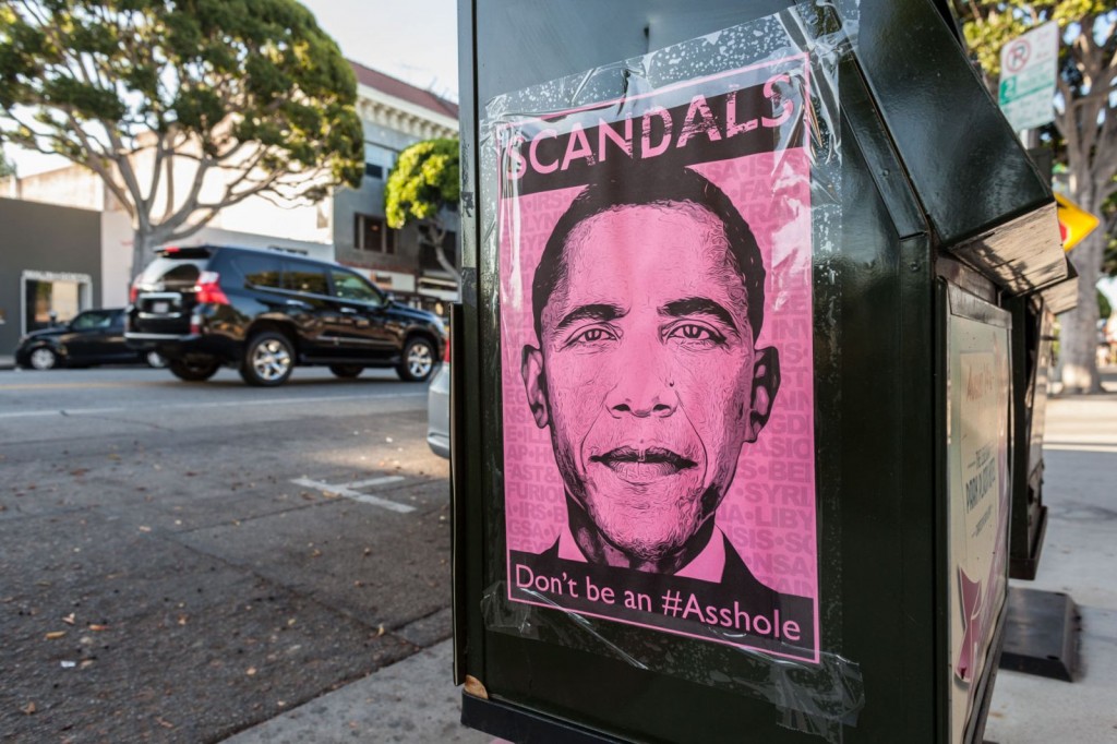 Obama Scandals Poster pink newsstand Larchmont Village