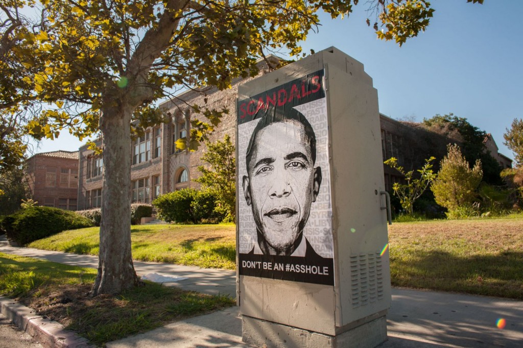 Obama Scandals Poster signal box 6th Street in Hancock Park