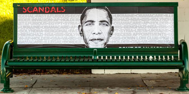 Obama Scandals Posters Appear on L.A. Streets Amid Fundraiser "Don't Be An #Asshole" Los Angeles Shonda Rhimes political street art artist controversy controversial subversive bench benches signal box boxes Benghazi IRS Fast and Furious Bergdahl Obamacare Egypt Syria Libya Ukraine NSA ISIS VA Veterans Affairs Holder Recess Appointments Solyndra Illegal Border Invasion AP