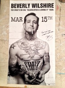 Tattooed Senator Sen. Ted Cruz poster posters Sabo L.A. street artist provocative controversial subversive political art guerrilla style campaign plastered on bus benches traffic signal boxes Los Angeles area Beverly Hills
