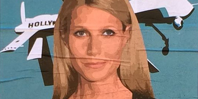 Gwyneth Paltrow Obama Drone posters poster Sabo President Obama DNC fundraiser L.A. Los Angeles Brentwood neighborhood neighbor neighbors hang hanging hung signs plaster plastering plastered traffic signal box boxes lamp posts bus benches anonymous conservative street artist provocative controversial subversive Unsavory Agents UnsavoryAgents outside political Democrats Democrat drones Predator plane planes flying background actor actress home house host hosting gala