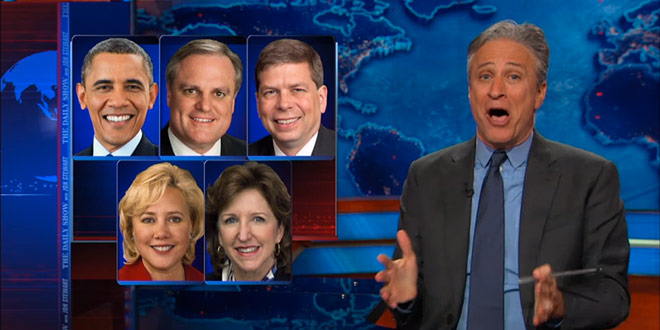 Jon Stewart The Daily Show unloads on Democrats President Obama Dems Explodes Slams Harshly Criticizes Rebukes Skewers calls them chickenshit pussies Pussycrats immigration reform Congress Senate midterm elections Keystone pipeline oil energy Mark Pryor Mary Landrieu Mark Begich Kay Hagan lost seats Republicans GOP won landslide victory