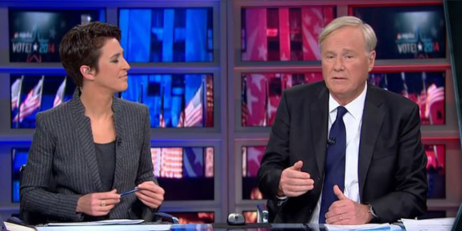 MSNBC 2014 midterm election night coverage hosts Chris Matthews Rachel Maddow Tom Brokaw phone ringing rang interrupted middle of live broadcast meltdown anger angry sad visibly upset emotional pissed off in denial Republican victory GOP landslide Republicans won Senate majority House Congress Democrats lost loss embarrassing embarrassment