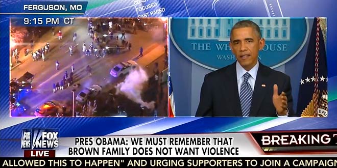 President Obama split-screen moment Ferguson Missouri speech statement remarks cable news channels outlets TV television stations grand jury decision not to indict Officer Darren Wilson shooting death killing Michael Brown rioters looters crime riots African-Americans community rage racial tension race war reinforces his weakness ineffectiveness