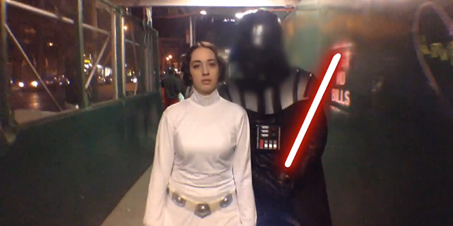 Ten Hours of Princess Leia Walking in NYC Star Wars parody video parodies videos funny humorous hilarious Yoda Darth Vader lightsaber Luke Skywalker Han Solo Indiana Jones Lando Calrissian Jawas Boba Fett street harassment crime women female