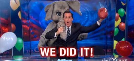 The Colbert Report The Republicans Win Everything Stephen Colbert GOP victory 2014 midterm elections Comedy Central show funny clip video segment piece spiking the football won Senate majority House Congress We Did It dancing elephant mascot balloon drop