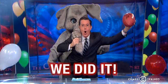 The Colbert Report The Republicans Win Everything Stephen Colbert GOP victory 2014 midterm elections Comedy Central show funny clip video segment piece spiking the football won Senate majority House Congress We Did It dancing elephant mascot balloon drop